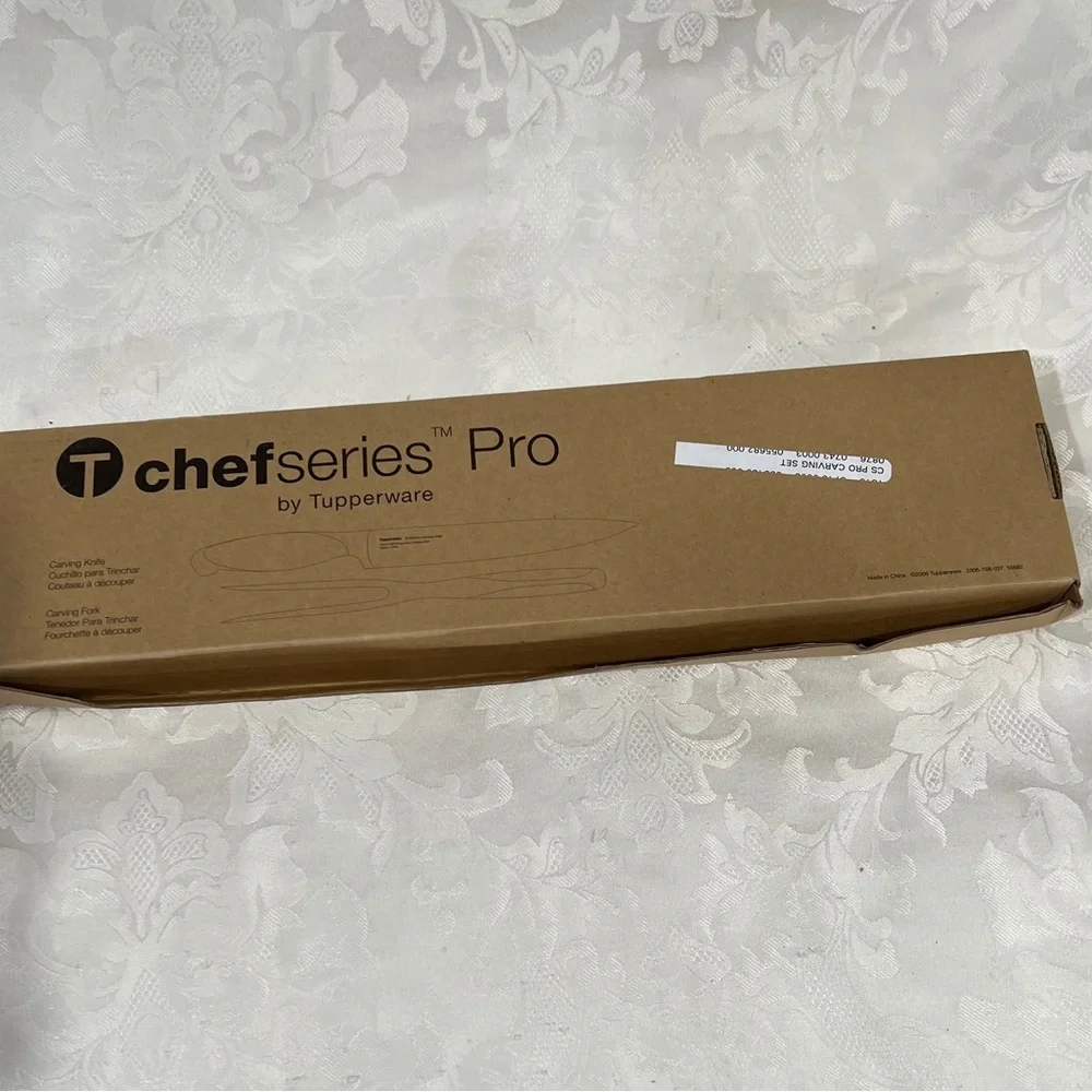 NEW (NIB) Tupperware Chef's Carving Knife and Fork Set, Forged Stainless Steel